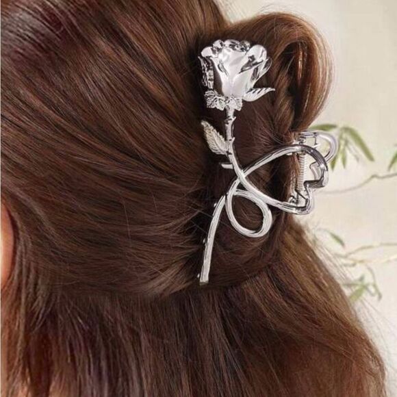 Boho Chic Elegant Rose Silver Tone Hair Clip with Engraved detailing, Feminine - Picture 1 of 3